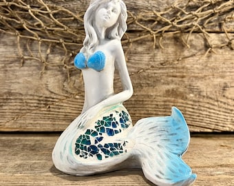 Beach-Inspired Mermaid Figurine Statuette Handcrafted Wood-Look Plaster with Mosaic Tail Accent Gift for Ocean Lovers