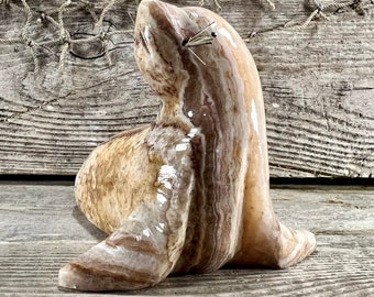 Natural Marble Sea Lion with Nylon Whiskers Hand-Carved Figurine