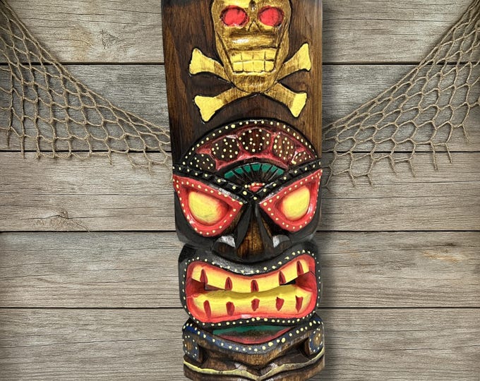 Pirate Skull Tiki Mask Wall Decor Wood Carving Hand Painted Polynesian Island Art Jungle Tropical Beach House Wall Hanging