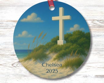 Personalized Beach Cross Ornament Custom Name Date Coastal Dune Sand Christian Holiday Decor Christian Gift Beach House Keepsake