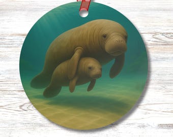 Manatee and Baby Ornament: Double Sided Coastal Sea Life Decoration