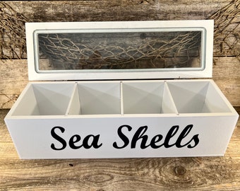 Distressed White and Navy Blue Seashell 4 Compartment Collection Box with Glass Display Window