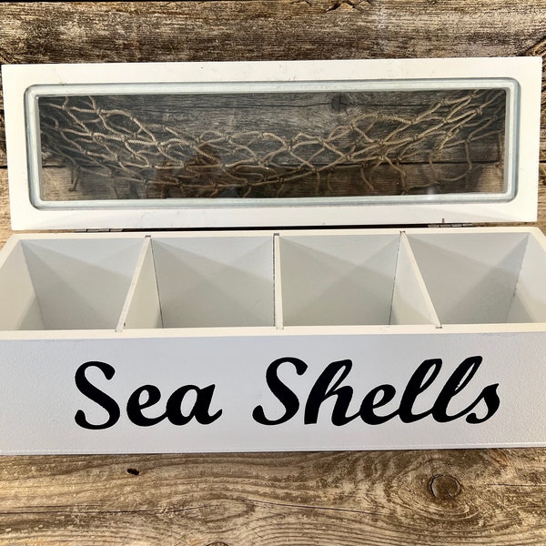 Distressed White and Navy Blue Seashell 4 Compartment Collection Box with Glass Display Window