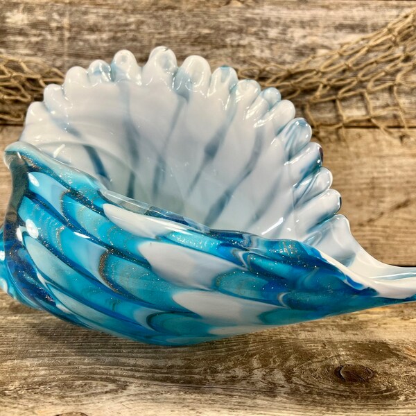 Conch Shell Tabletop Sculpture; Beautiful Handblown Blue and White Glass Seashell with Glittery Metallic Accents