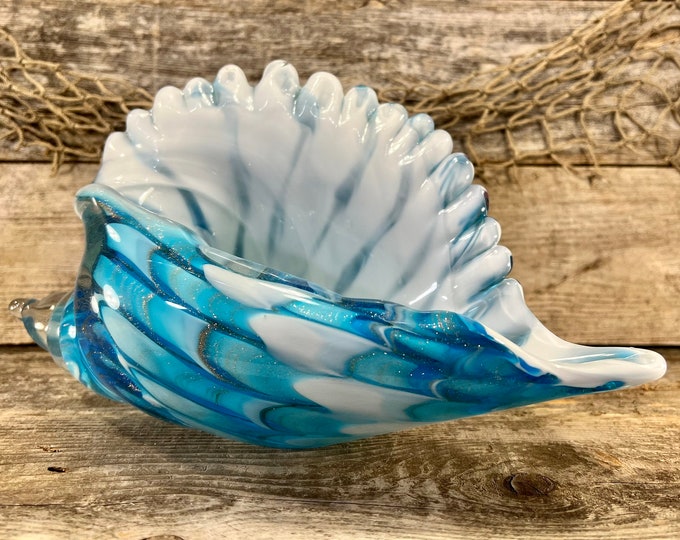 Conch Shell Tabletop Sculpture; Beautiful Handblown Blue and White Glass Seashell with Glittery Metallic Accents