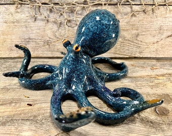 Blue Polyresin Octopus Figure with Hand-Painted Orange Eyes and Tentacles