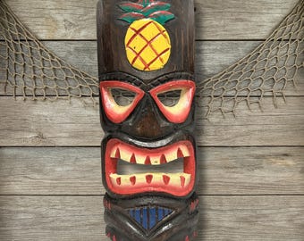 Hand-Painted Pineapple Tiki Mask: Rustic Wooden Island Decor