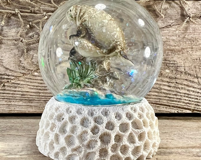 Manatee Mother and Baby On Sparkling River Bottom Resin and Glass Water Globe On Coral Base