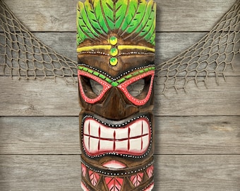 Tropical Tiki Mask Wall Decor Carved Wood Open Eye Polynesian Wall Plaque Hand Carved Hand Painted Island Jungle Beach House Wall Art