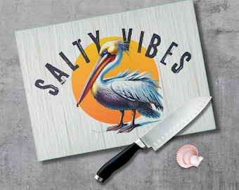 Salty Vibes Pelican Glass Cutting Board Coastal Kitchen Decor Nautical Beach House Gift Housewarming Chopping Board for Beach Lovers