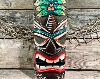 Coconut Palm Tropical Tiki Totem Pole Hand Painted Hand Carved Rustic Wood  Tabletop Sculpture