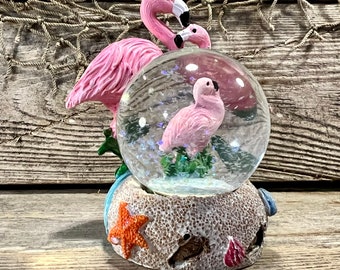 Hand-Painted Resin and Glass Florida Pink Flamingo with Baby Water Globe