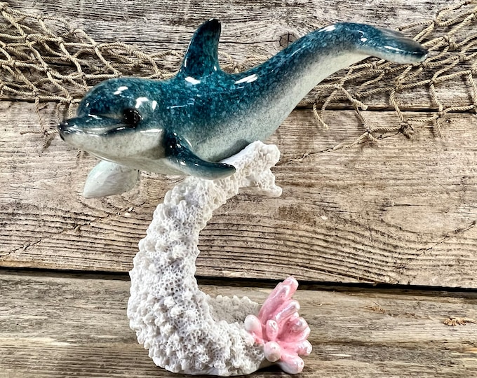 Bottlenose Dolphin Statuette; Blue Polyresin Dolphin Swimming Over Pink Coral Base