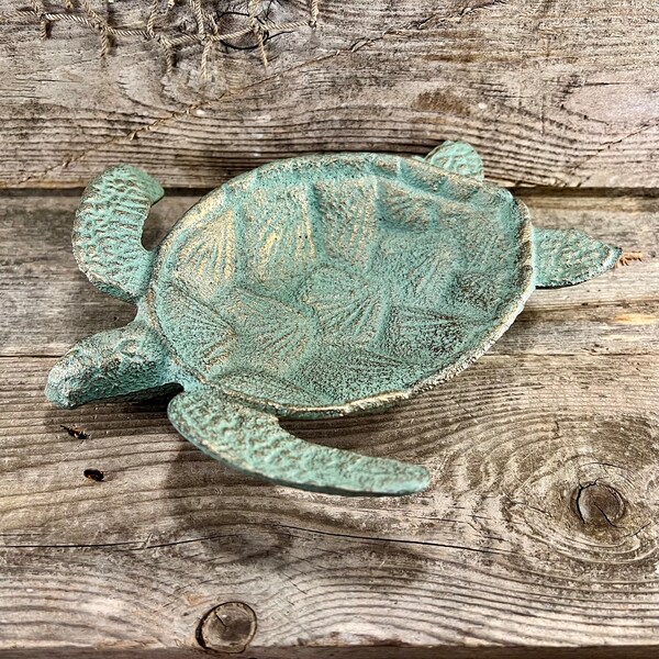 Cast Iron Patinated Brass-Look Green Sea Turtle Decorative Tabletop Trinket Dish