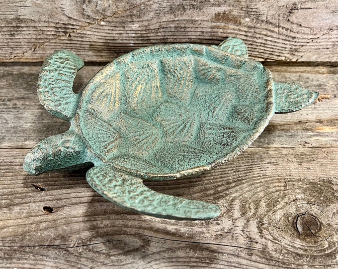 Cast Iron Patinated Brass-Look Green Sea Turtle Decorative Tabletop Trinket Dish