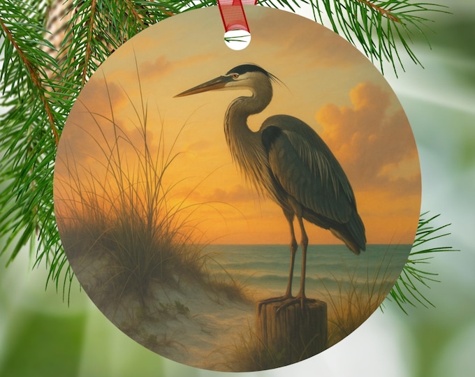 Sunrise Beach Great Blue Heron Ornament Double Sided Coastal Nautical Sea Bird Ocean Wildlife Decoration for Beach House Nature Lover Gift