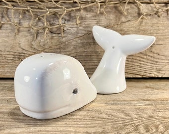 Cute Coastal White Whale Head and Tail Hand-Painted Ceramic Salt & Pepper Shakers