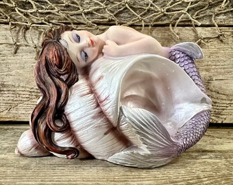 Sad Little Mermaid with Lavender Tail Draped Across  Seashell Tabletop Statuette