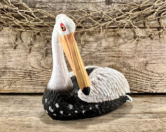 Speckled Sitting Great White Pelican Hand-Painted Resin Sitting Figurine