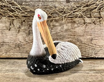 Speckled Sitting Great White Pelican Hand-Painted Resin Sitting Figurine