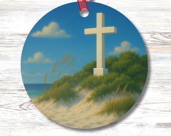 Pensacola Beach Cross Ornament Island Dunes Seaside Faith Decor Christian Gift Idea Round Metal Ornament Coastal Florida Keepsake