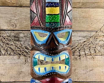 Handmade Colorful Tribal Warrior Tiki Mask Wood Wall Plaque