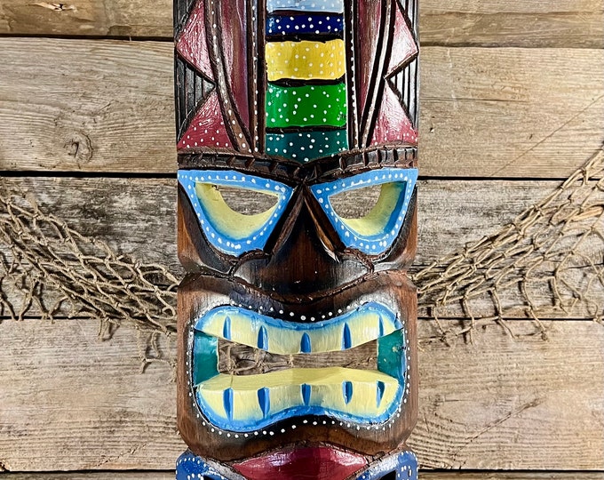 Handmade Colorful Tribal Warrior Tiki Mask Wood Wall Plaque