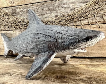 Rustic Wood-Look Great White Shark Resin Tabletop Figure