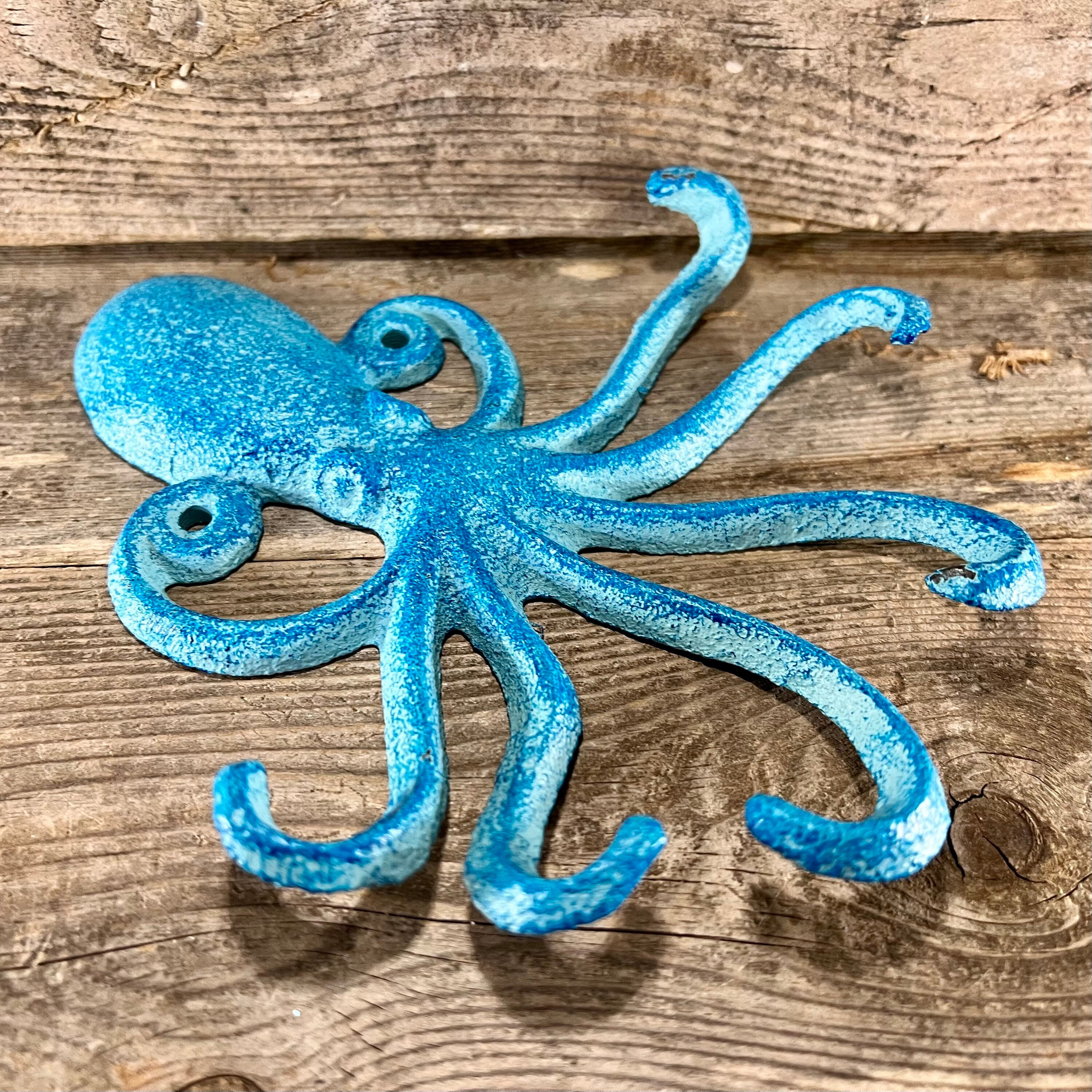 Distressed Two-Tone Blue Cast Iron Octopus 6-Prong Wall Hook