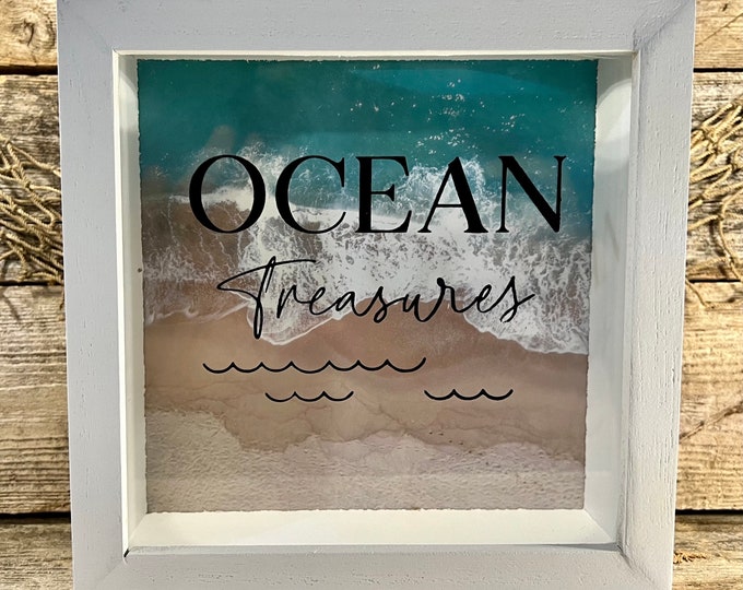White “Ocean Treasures” Seashell Shadow Box Keeper with Glass Display Window Gift for Seashell Collectors for Smaller Spaces