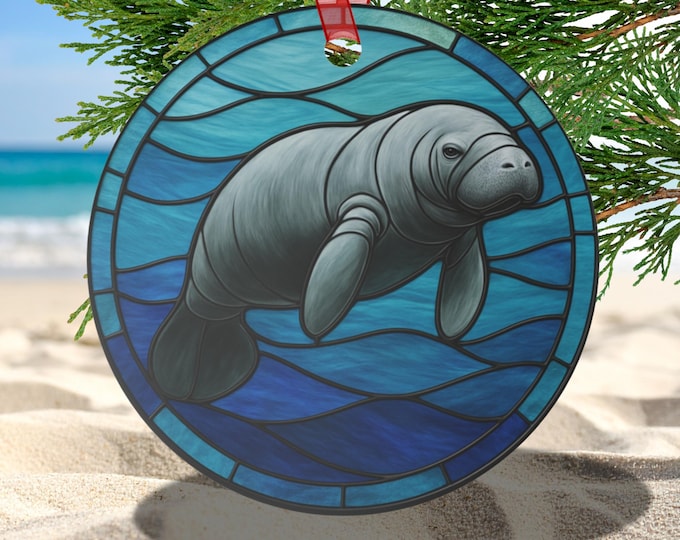 Manatee Double-Sided Ornament | Glossy Aluminum with Red Ribbon | Suncatcher-Inspired Rearview Mirror, Desk, or Christmas Coastal Gift