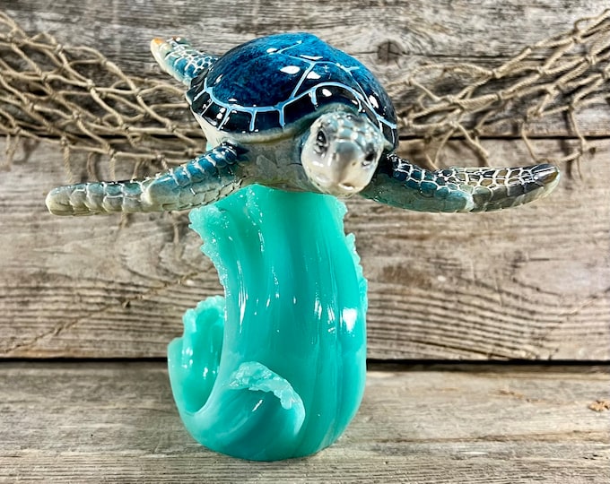 Blue Sea Turtle Riding Aquamarine Ocean Wave Medium Ployresin and Acrylic Statuette