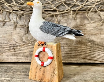 Miniature Hand-Painted Resin Seagull Perched On Wood-Look Block with Nautical Life Preserver Embellishment Statuette