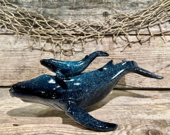 Beautifully Detailed Polyresin Tabletop Blue Whale Mother and Calf Figurine