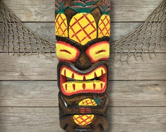 Tiki Mask: Triple Pineapple Design, Hand-Painted Coastal Island Decor