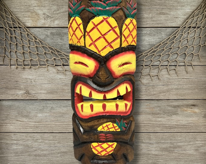 Tiki Mask: Triple Pineapple Design, Hand-Painted Coastal Island Decor