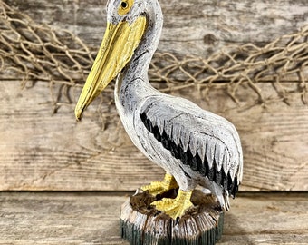 Hand-Painted Resin Coastal Pelican On Post Tabletop Statue