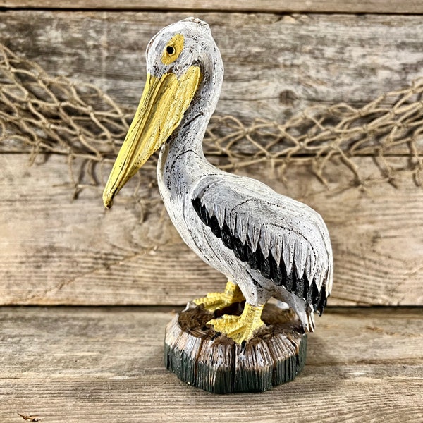 Hand-Painted Resin Coastal Pelican On Post Tabletop Statue