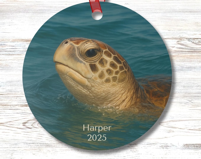Cute Little Sea Turtle in Ocean Personalized Double Sided Ornament Coastal Marine Life Beach Lover Gift Sea Animal Decor Ocean Lovers