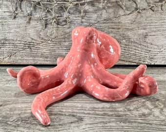Iridescent Pink Coral Ceramic Octopus Figurine