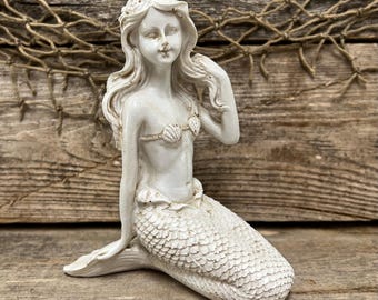 Vintage Style Mermaid Figurine Distressed White Coastal Nautical Statuette Sea Life Decor Victorian Beach House Tabletop Accent Gift