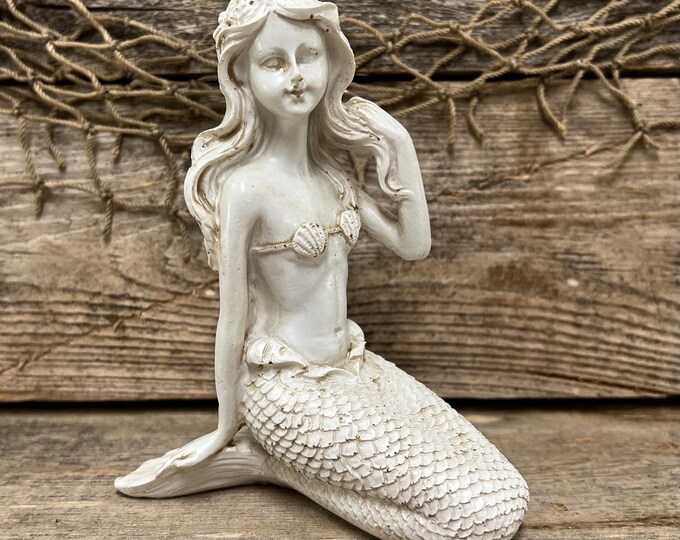 Vintage Style Mermaid Figurine Distressed White Coastal Nautical Statuette Sea Life Decor Victorian Beach House Tabletop Accent Gift