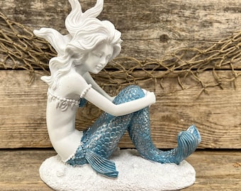 Teal Tail Mermaid Figurine Alabaster White Resin Mermaid Statue Coastal Ocean Decor Nautical Tabletop Sea Life Accent Beach House Gift