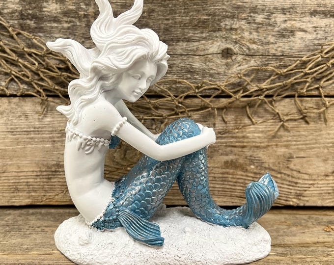 Teal Tail Mermaid Figurine Alabaster White Resin Mermaid Statue Coastal Ocean Decor Nautical Tabletop Sea Life Accent Beach House Gift