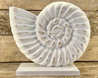 Distressed White Nautilus Shell Tabletop Wood Sculpture