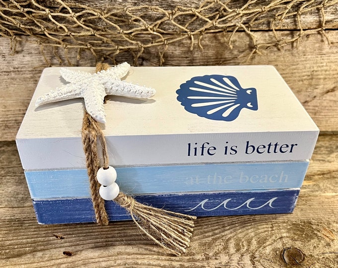 Life Is Better At The Beach Handmade Distressed Blue and White Faux Wood Book Stack with Starfish, Seashell, Beads and Tassel