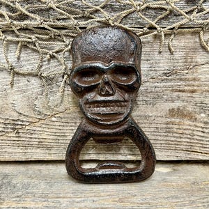 Cast Iron Pirate Skull Bottle Opener with Rust-Brown Rustic Finish