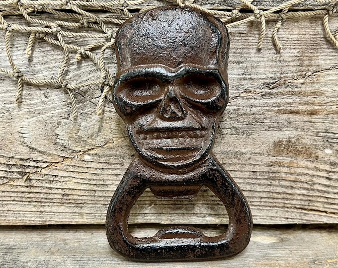 Cast Iron Pirate Skull Bottle Opener with Rust-Brown Rustic Finish
