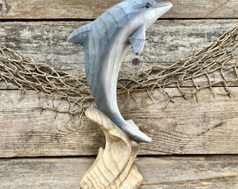 Dolphin Tabletop Statue Wood Look Resin Bottlenose Dolphin on Wave Coastal Decor Beach House Accent Sea Life Gift for Dolphin Lovers