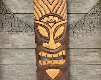 Warrior Tiki Mask Wall Decor Hand Carved Wood Tribal Wall Art Natural Polynesian Wall Plaque Jungle Island Beach House Decor